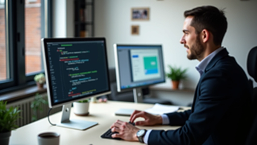 Designer werkt aan stylesheets, monitor toont CSS-regels voor contrast en typografie aanpassingen