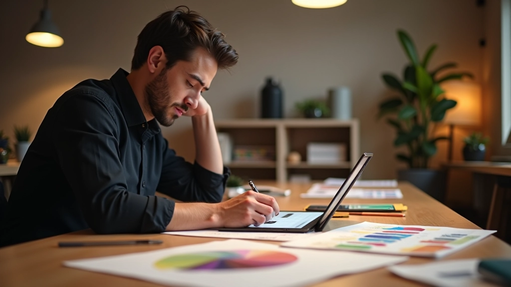 Designer die op een tablet werkt, vergelijkt kleurkeuzes op een fysieke kleurwaaier naast de digitale scherm