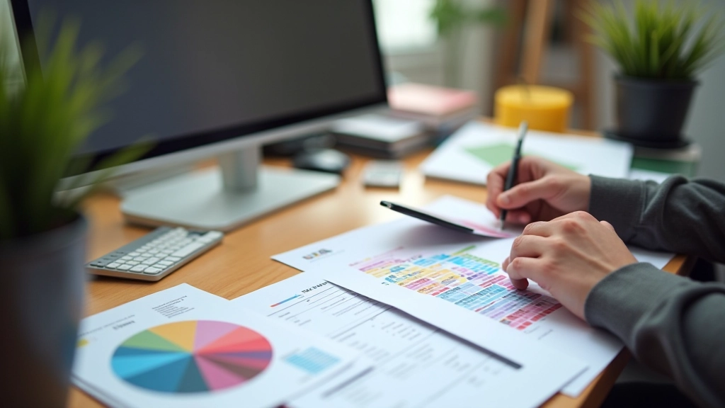 Designer aan werkstation met kleurpaletmonsters en contrastmeetgereedschappen zichtbaar