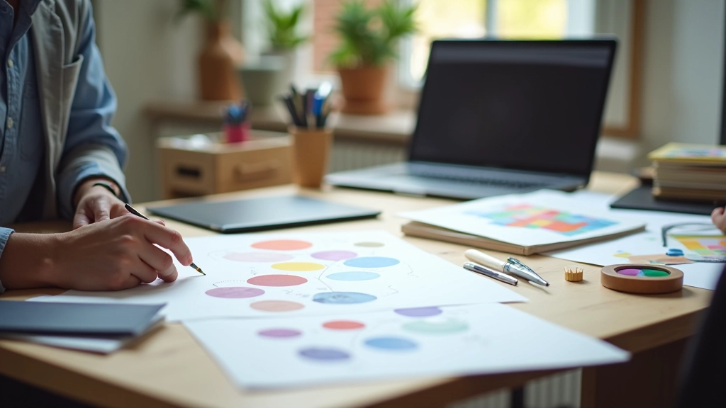 Designer werkstation met kleurpaletmonsters en WCAG contrastmeetgereedschappen zichtbaar