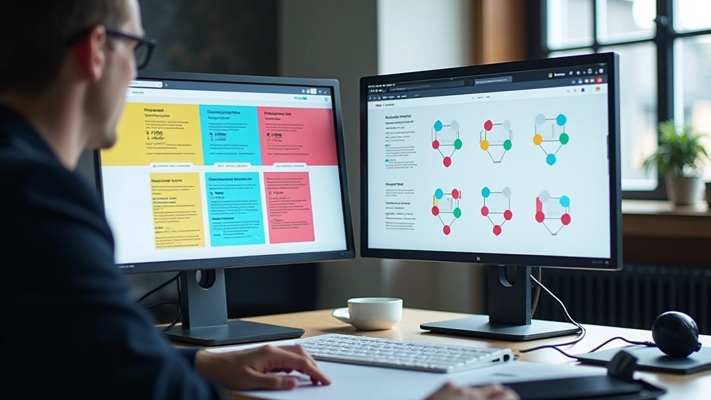 Computermonitor met twee zijde-aan-zijde weergaven van dezelfde website: normaal kleurenzicht links en deuteranopie simulatie rechts