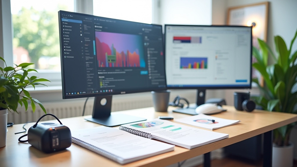 Modern bureau workspace met twee monitoren, kleurkalibratiegereedschap en ontwerp-notitieblokken op bureau, heldere daglicht, scherpe focus