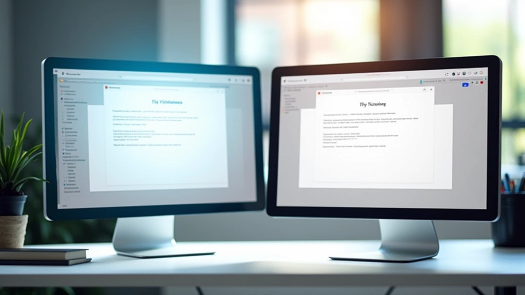 Twee monitoren naast elkaar tonen dezelfde tekst met verschillende contrastniveaus. De linkermonitor toont minimaal WCAG-contrast (4.5:1), de rechter toont verbeterd contrast (8:1 of hoger)