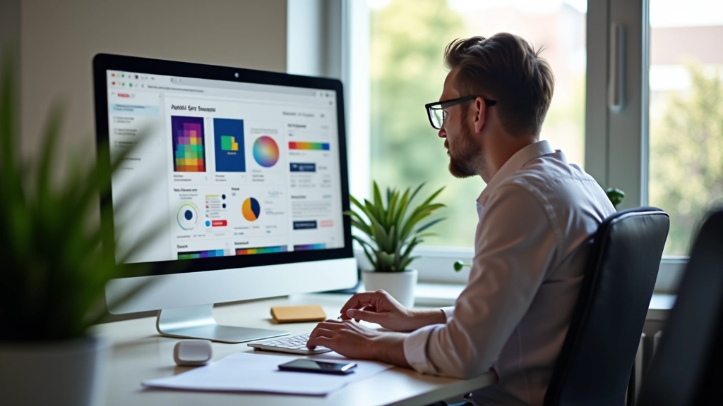 Professionele webdesigner aan het werk met kleurpaletgereedschappen en contrastmeetinstrumenten zichtbaar op het scherm